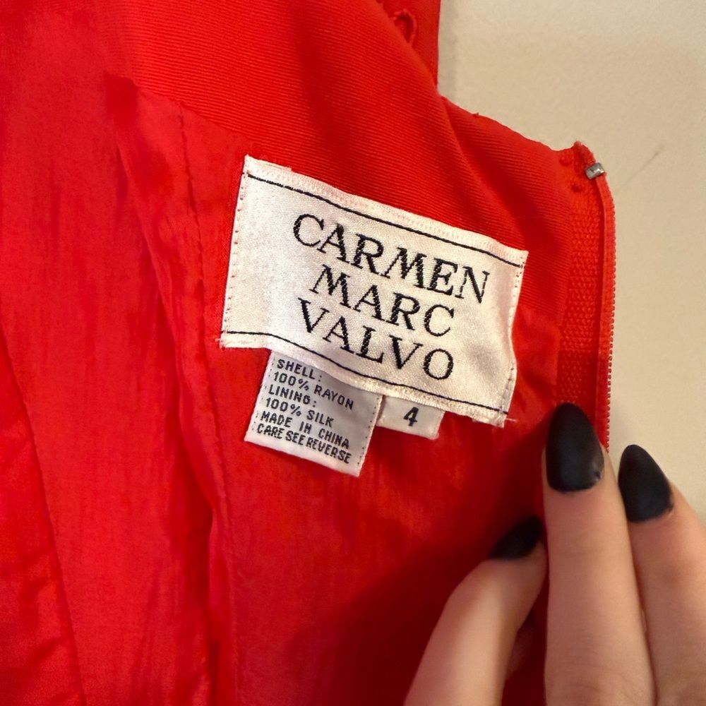 Carmen Marc Valvo Red Textured Midi Dress squiggles artsy - Picture 7 of 10